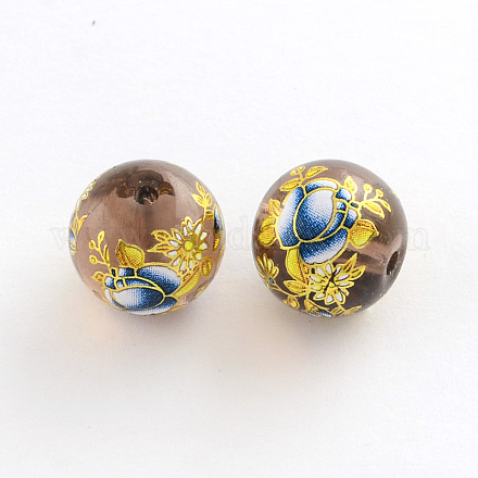 Flower Picture Transparent Glass Round Beads GFB-R004-14mm-P16-1