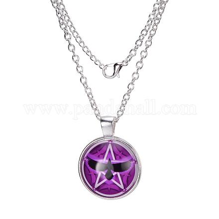 Pretty Star and Raven/Crow Pattern Flat Round Glass Pendant Necklaces X-NJEW-N0051-006A-02-1