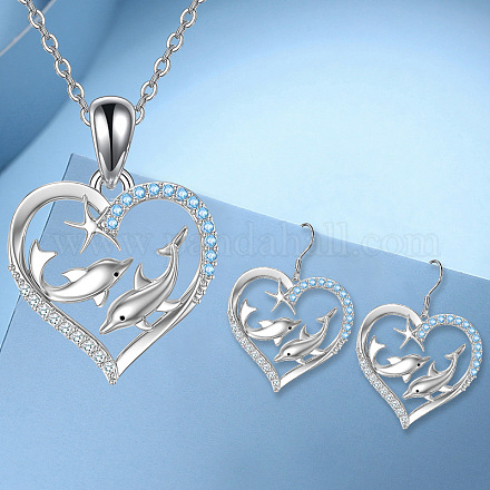 Ожерелья и серьги-подвески из сплава «сердце с дельфином» и стразами для женщин FS-WGEAD9B-01-1
