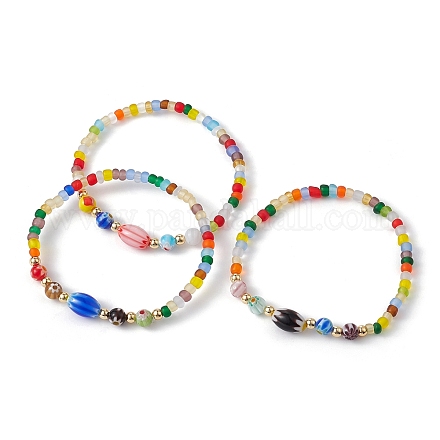 Bracelet extensible en verre millefiori fait à la main et perles de graines BJEW-JB09488-1