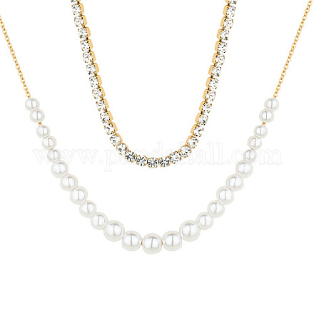 Collar de doble capa con cadenas de tenis de circonita cúbica y cuentas de perlas de imitación OU1431-2-1