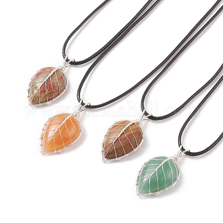 4 Uds 4 estilos de piedras preciosas naturales mezcladas hoja jaula colgante collares conjunto con cordones encerados para mujeres NJEW-TA00035-1