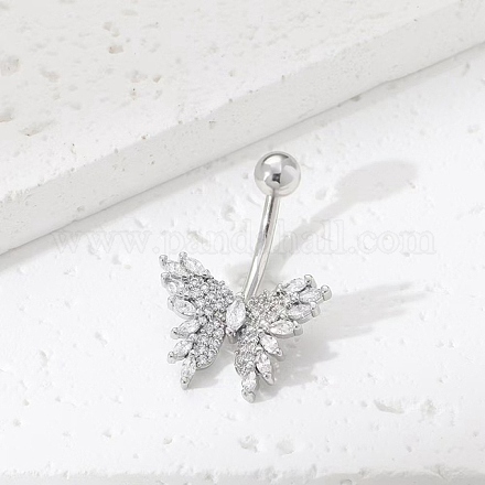 Кольца для живота в форме бабочки из латуни с прозрачным кубическим цирконием и изогнутой штангой AJEW-L099-01A-P-1