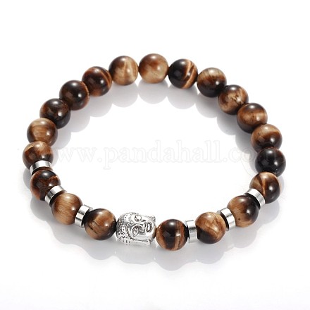 Tête de Bouddha pierres précieuses perles bracelets extensibles BJEW-JB01864-05-1