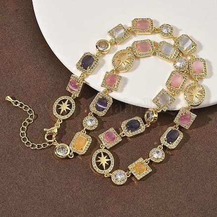 Теннисные ожерелья из латуни с микропаве из прозрачных кубических цирконий и разноцветными камнями кошачий глаз в форме прямоугольника NJEW-G183-05G-1