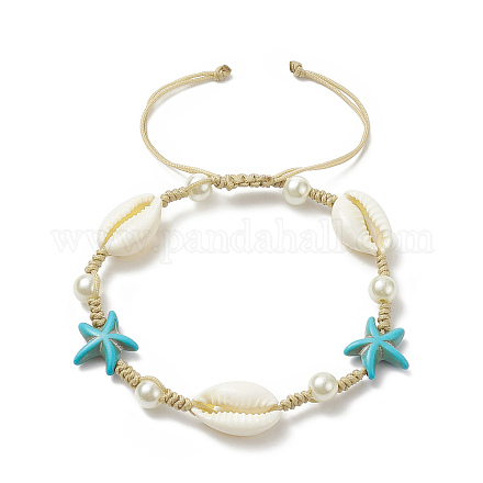 Synthetic Turquoise(Dyed) Starfish & Natural Shell & Glass Pearl Braided Bead Bracelet BJEW-TA00218-1