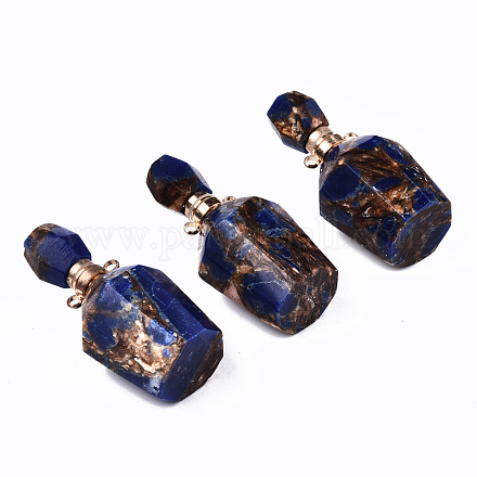 Pendentifs flacons de parfum ouvrants en bronzite synthétique et lapis lazuli assemblés G-S366-058A-1