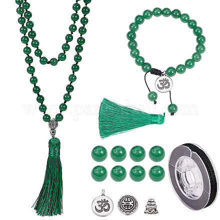 SUNNYCLUE DIY 1 Set 108 Malaysia Green Jade Gemstone Mala Beads Beaded Jewellery Making Kit - Make 1 Hand Knotted Prayer Tassel Pendant Necklace & 1 Adjustable Mala Wrap Beaded Bracelet DIY-SC0008-47A-1