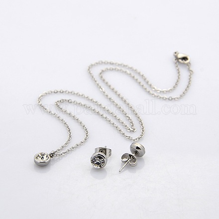 Flat Round 304 Stainless Steel Rhinestone Necklaces and Ear Studs Jewelry Sets SJEW-N017-01-1