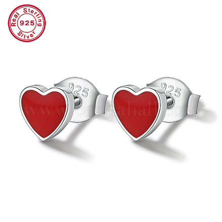 Rhodium Plated 925 Sterling Silver Heart Stud Earrings with Red Enamel IB3221-1