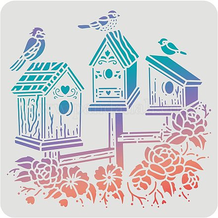 Fingerinspire uccello casa disegno pittura stencil modelli (11.8x11.8 pollice) quadrati casetta per uccelli stencil decorazione plastica uccello stencil per la pittura su legno DIY-WH0172-370-1