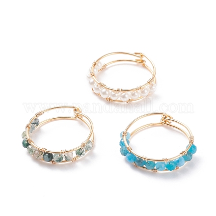 3 pièces 3 style apatite naturelle & agate mousse & coquille perle tressée bagues RJEW-TA00024-1