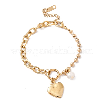 Pulsera de corazón y perlas naturales con 304 cadena de acero inoxidable para mujer STAS-P304-08G-1