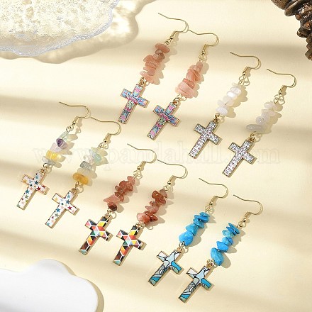 5 пара серег-крестиков из смеси натуральных и синтетических камней EJEW-JE06603-1