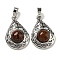 Natural Mahogany Obsidian Pendants, Rack Plating Brass Hollow Teardrop Charms, Cadmium Free & Lead Free, Platinum, 29.5x19.5x7.5mm, Hole: 7.5x5mm