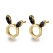 Rack Plating Brass Micro Pave Cubic Zirconia Stud Earring, Long-Lasting Plated, Cadmium Free & Lead Free, Rabbit, Black, Real 18K Gold Plated, 12x11mm