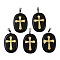 Natural Obsidian Pendants, Oval with Engraved Gold Cross Charms, with Stainless Steel Bails, Stainless Steel Color, 38~39x25x7mm, Hole: 7x4mm