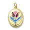Rack Plating Brass Enamel Pendants, with Jump Ring, Cadmium Free & Lead Free, Long-Lasting Plated, Oval with Flower Charm, Real 18K Gold Plated, 19x14x2mm, Hole: 3mm