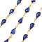 Brass Glass Teardrop Link Chains, with Spool, Long-Lasting Plated, Soldered, Lead Free & Cadmium Free, Rack Plating, Real 18K Gold Plated, Blue, 16.5x7x2.5mm