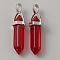 Glass Double Terminal Pointed Pendants, Bullet Charm, with Platinum Alloy Findings, Red, 40x13.5x10mm, Hole: 4x5mm