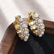 Серьги-кольца из искусственного жемчуга с цветком из латуни и АБС-пластика EJEW-R016-22G