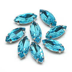 Coudre sur strass, liens multi-brins, Strass en verre, avec supports de griffes en laiton de ton platine, accessoires de vêtements, facette, oeil de cheval, bleu profond du ciel, 12x6x4.5mm, Trou: 0.8~1mm