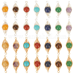 Breloques de connecteur enveloppées de fil de cuivre, pierres précieuses mélangées, 28 styles, 14 pièce, liens oeil de cheval chakra, teint et non teint, couleur mixte, 25~26x9~9.5x8~8.5mm, Trou: 1.5mm, 2 pièces / style