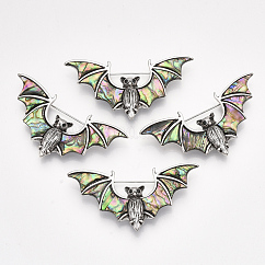 Concha de abulón / broches de concha de paua / colgantes, con fornituras de aleación y fondo de resina, diamante de imitación, bate, plata antigua, colorido, 33x65.5x12mm, agujero: 5x3.5 mm, pin: 0.7 mm
