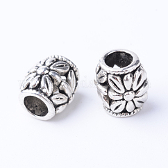 Abalorios europeos de aleación de estilo tibetano, Abalorios de grande agujero, barril con flor, Sin cadmio y níque y plomo, plata antigua, 10~11x8.5~9mm, agujero: 5 mm, aproximamente 530 unidades / 1000 g