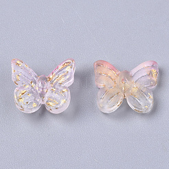 ツートン透明スプレー塗装ガラスチャーム  金色の箔付き  蝶  ピンク  7x11x3mm  穴：1.2mm&nbsp;GLAA-N035-08A-G04