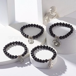 Bracciale elasticizzato con perline rotonde in pietra lavica naturale&nbsp;BJEW-JB07461