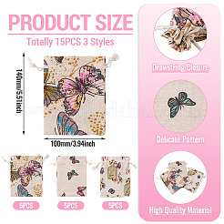 15 Stück 3 Stile Schmetterling bedruckt Polycotton (Polyester-Baumwolle) Verpackungsbeutel Kordelzugbeutel&nbsp;ABAG-TA0002-14