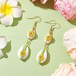 カワラヒワの花のダングルイヤリング  シードビーズと304ステンレススチールのピアスフック付き  ゴールドカラー  ゴールド  70x14~15.5mm&nbsp;EJEW-MZ00250-02