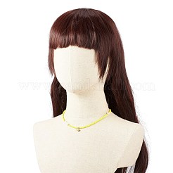 キュービックジルコニア付き真鍮ナザールボンジュウペンダントネックレス  女性のためのガラスの種子と天然真珠のビーズのネックレス  きいろ  16.85インチ（42.8cm）&nbsp;NJEW-JN03909-01