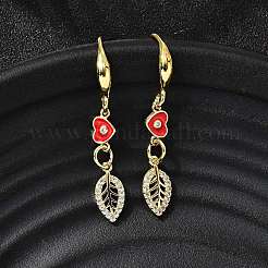 Серьги-подвески из латуни с микропаве из прозрачных кубических цирконий в форме листа с сердцем EJEW-C155-01G