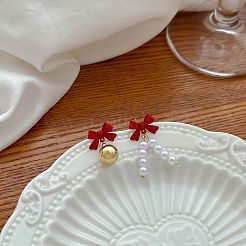 Серьги-гвоздики с подвесками из цинкового сплава с имитацией жемчуга в форме банта&nbsp;FS-WGAB1D1-03