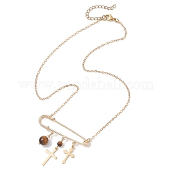 Женские ожерелья-цепочки из латунного кабеля с круглой подвеской из натурального тигрового глаза 201 из нержавеющей стали NJEW-TA00214