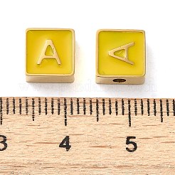 304ステンレススチールエナメルビーズ  14KGP本金メッキ  文字のある正方形  文字a  8x8x4mm  穴：2mm&nbsp;STAS-L022-293G-A