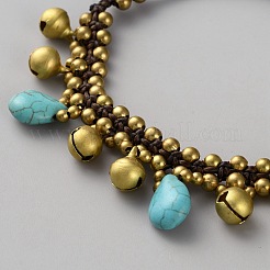 Браслеты на ногу в стиле бохо с латунным колокольчиком и синтетической бирюзой с каплевидными кисточками AJEW-WH0070-50B