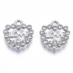 合金チャーム  クリスタルラインストーン付き  カドミウムフリー＆鉛フリー  ハート  プラチナ  14.5x13.5x3mm  穴：1.8mm&nbsp;ENAM-N054-52-RS