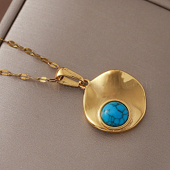 Colliers pendentifs à disque texturé en acier inoxydable 304 et turquoise synthétique&nbsp;JC9668