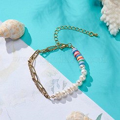 天然真珠とポリマー粘土ビーズブレスレット、304ステンレススチールペーパークリップチェーン付き、女性用  カラフル  7-1/4インチ（18.5cm）&nbsp;BJEW-JB08844