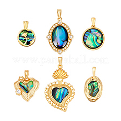 6 шт. 6 стиля подвески из латунных ракушек паве из натурального пауа&nbsp;KK-PH0013-84