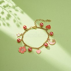 合金エナメルとガラスパールチャームブレスレット、304ステンレススチールチェーン付き、女性用  トマト  ペンダント：11~21x8~18x1.5~8mm  7-1/2インチ（19cm）&nbsp;BJEW-JB08707-01
