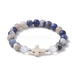 Женские эластичные браслеты из бисера с перекрестными натуральными и синтетическими драгоценными камнями BJEW-JB10165