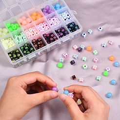 450個18色不透明アクリルヨーロピアンビーズ  大穴ビーズ  ハートと丸いキューブ  ミックスカラー  7x7x7mm  穴：4mm&nbsp;sgMACR-SZ0001-17