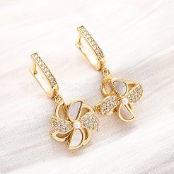 Серьги-кольца из латуни с микропаве из прозрачных кубических цирконий в форме ветряной мельницы&nbsp;KK-D363-16G