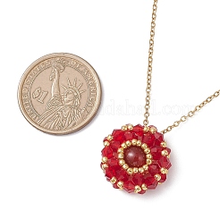 Ожерелья с цепочкой из натурального сердолика (окрашенного и нагретого) и стеклянных бусин с плоским круглым кулоном из нержавеющей стали 304&nbsp;NJEW-MZ00129-07