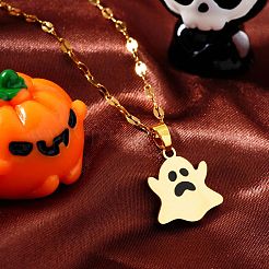 ハロウィン 304ステンレススチール エナメルペンダントネックレス  ユニセックスの金メッキダップチェーン付き  ゴースト  ブラック  15.75インチ（40cm）&nbsp;PA5568