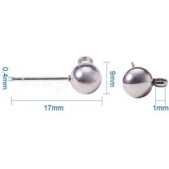 304ステンレススチールスタッドピアス金具  カン付き  ステンレス鋼色  17x9x6mm  穴：1mm  ピン：0.4mm&nbsp;STAS-PH0002A-15P